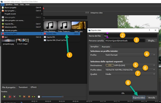 esportazione di video con openshot