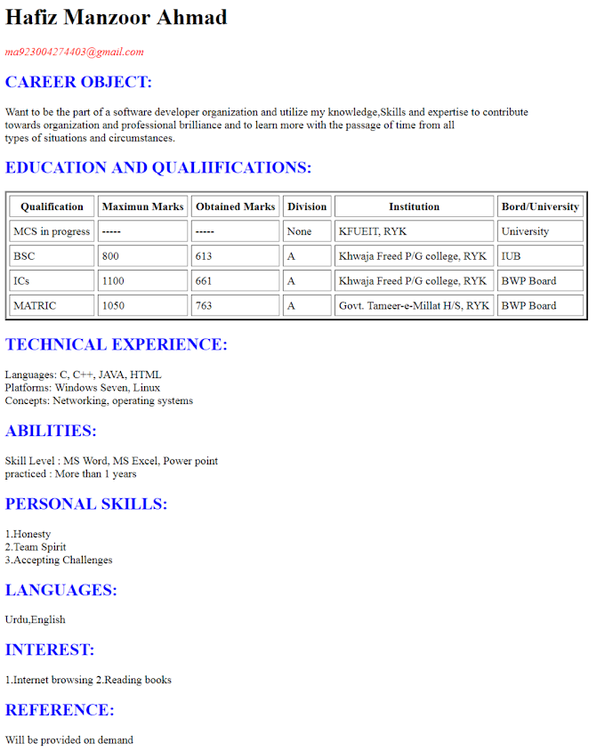 HTML code for CV | HTML code for resume using table