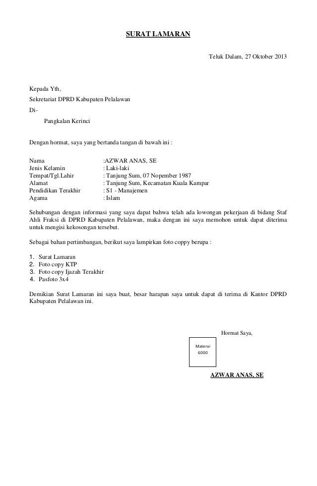 Contoh Surat Lamaran Kerja Ahli Fraksi DPRD - ben jobs