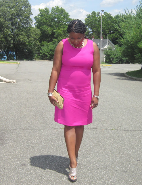 hot pink dress, gold sandals, nude purse, A line for apple shape, summer wedding outfit