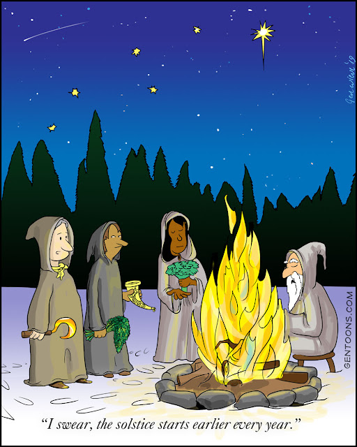 Celebrants around the bonfire on solstice night, holding herbs and sickle, and singing. one says "I swear, the solstice starts earlier every year."