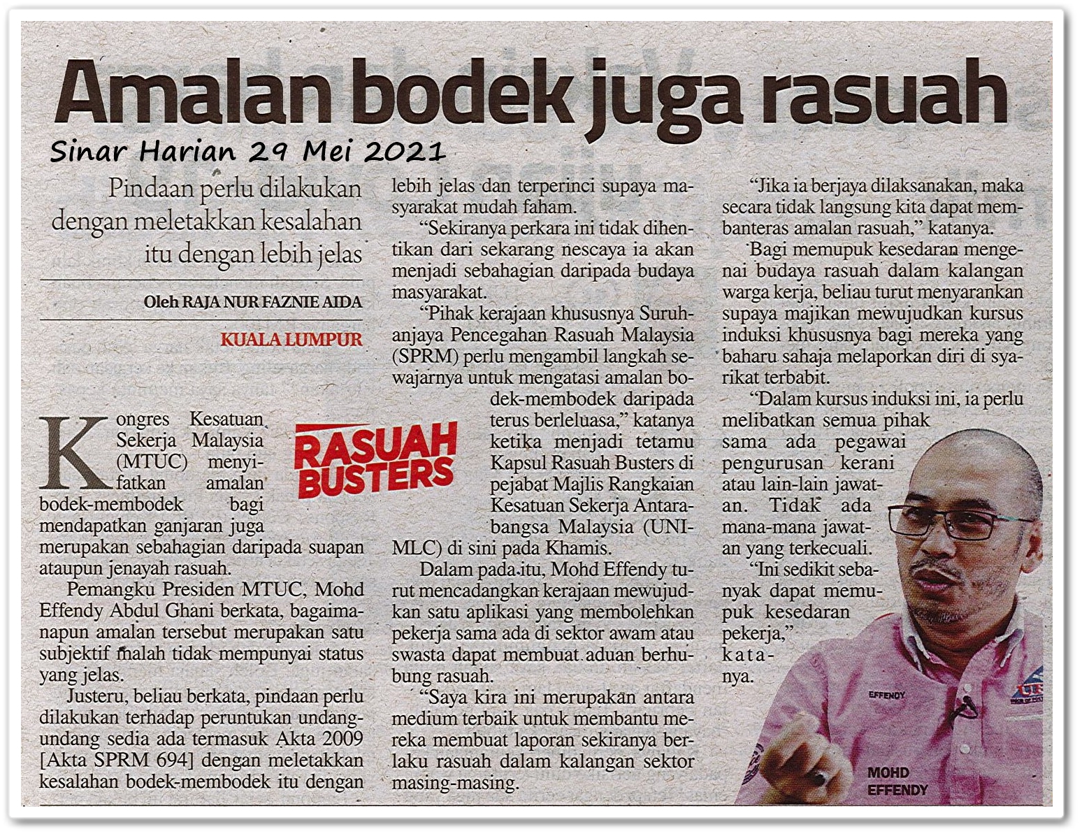 Amalan bodek juga rasuah - Keratan akhbar Sinar Harian 29 Mei 2021