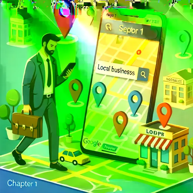 A person using their smartphone to search for local businesses nearby, with a map displaying local search results.