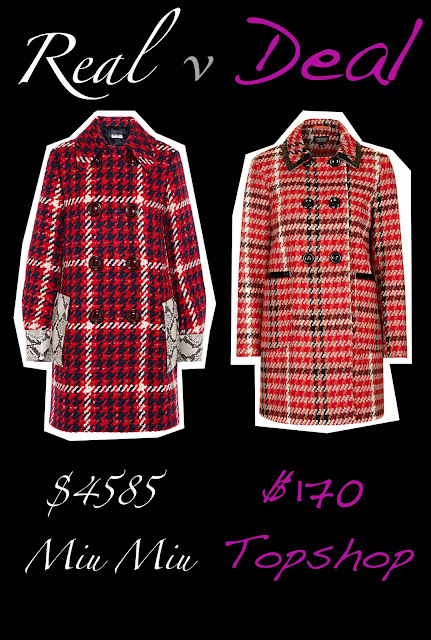 Real versus Deal featuring Miu Miu check winter coat versus Topshop