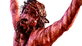 Jesus crucificado, banhado em sangue no filme "A paixão de Cristo", considerada uma das cenas de tortura mais chocante do cinema.