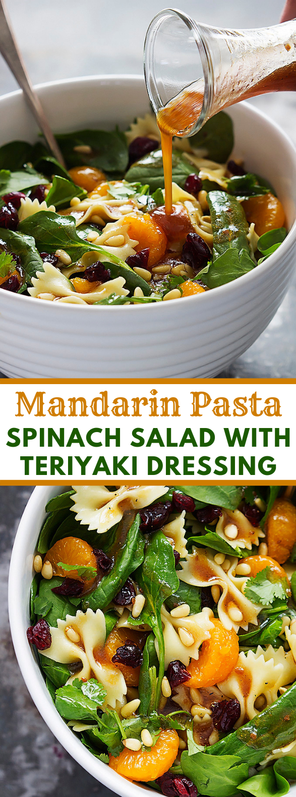 MANDARIN PASTA SPINACH SALAD WITH TERIYAKI DRESSING #vegetarian #healthy