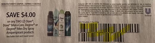$4.00/2 Dove/degree Deodorant Coupon from "SAVE" insert week of 11/13/22.