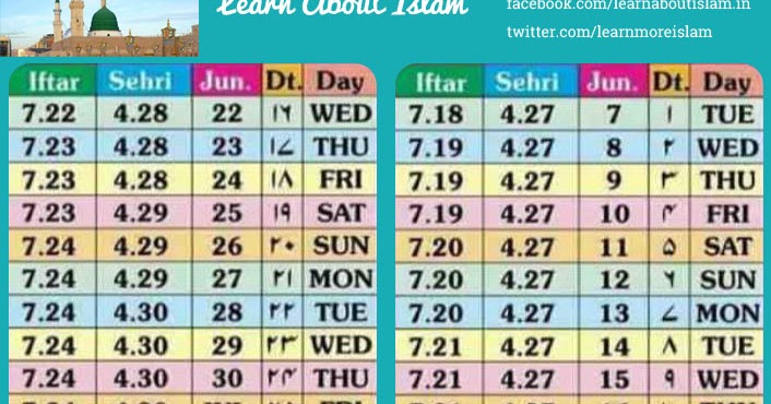 Ramadan Timetable 2016 - Ramadan Sehri and Iftar Timings 