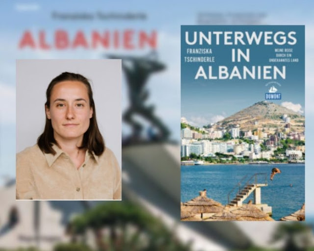 Franziska Tschindele and the book cover "Unterwegs in Albanien"