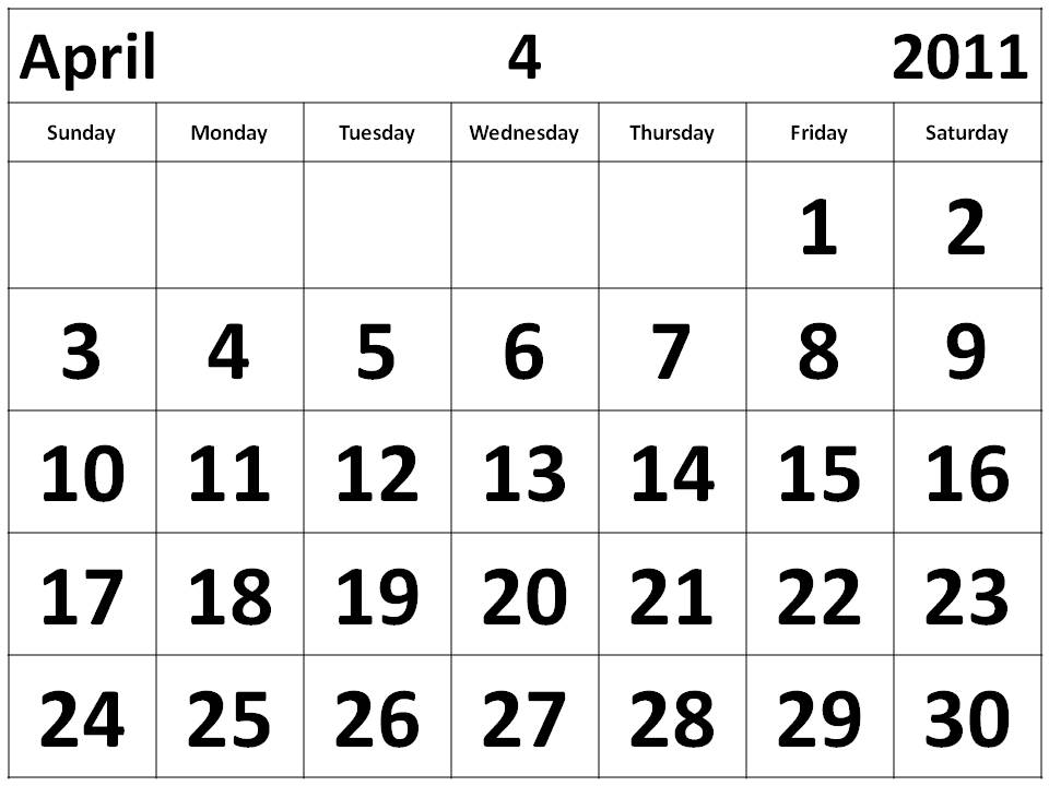 2011 calendar april. Free Printable Calendar 2011