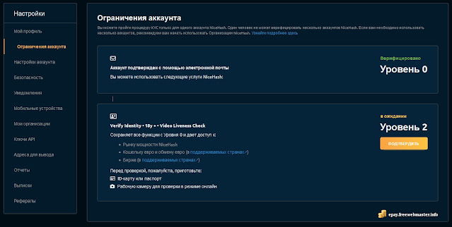 Подтверждение личности NiceHash