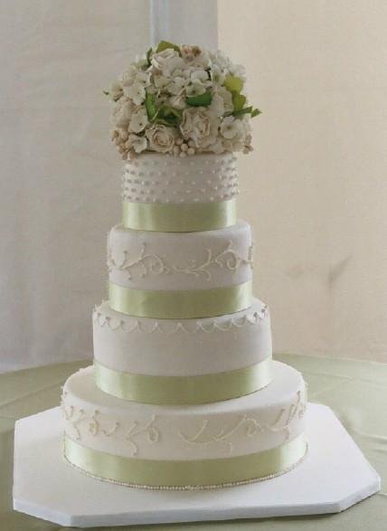 Pastel green thick satin ribbon on gorgeously decorated white wedding cake