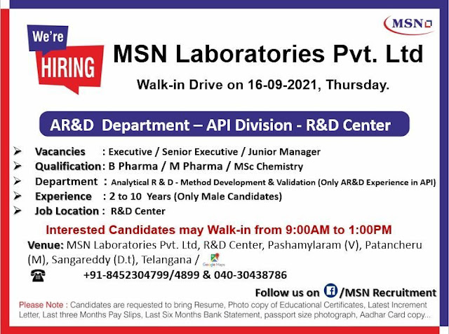 Job Availables, MSN Laboratories Pvt. Ltd  Walk-In Drive for Experienced in Analytical R&D