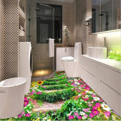 bathroom garden design with flowers in 3d with white vanity set, colors of flowers in 3d flooring looks beautiful