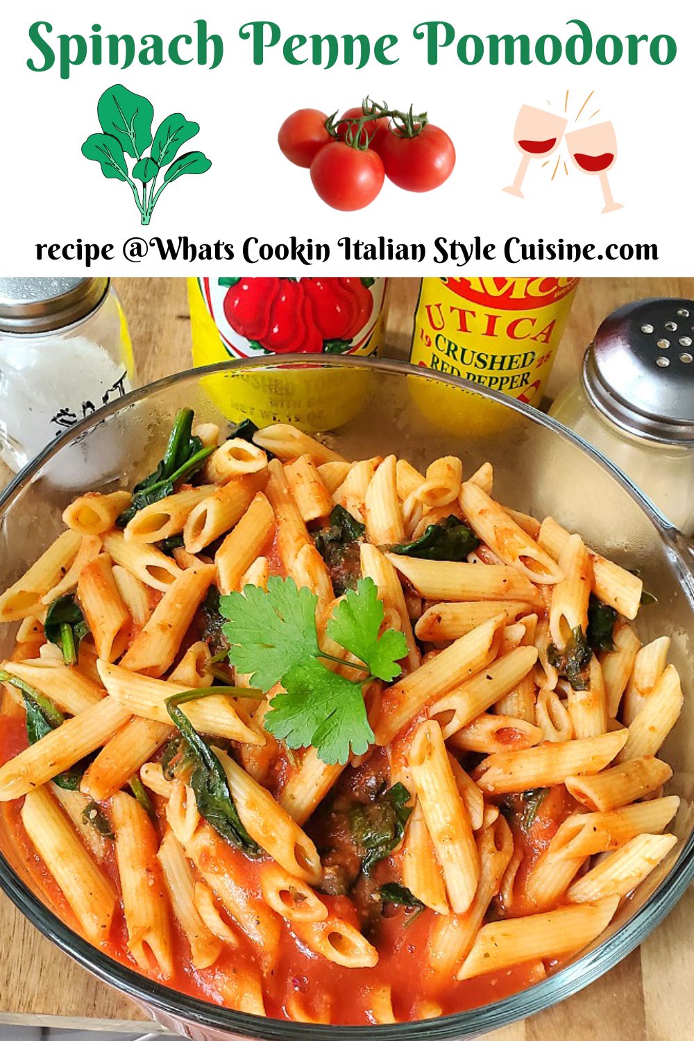 pin for later spinach and tomato  sauce with penne pasta