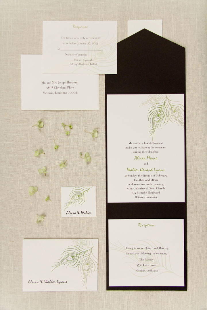 These Kiwi Peacock Feather Wedding Invitations are organized in a Black