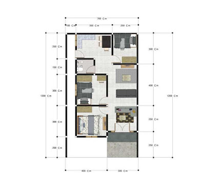 Desain Rumah Ukuran 7x12 dengan 3 Kamar Tidur