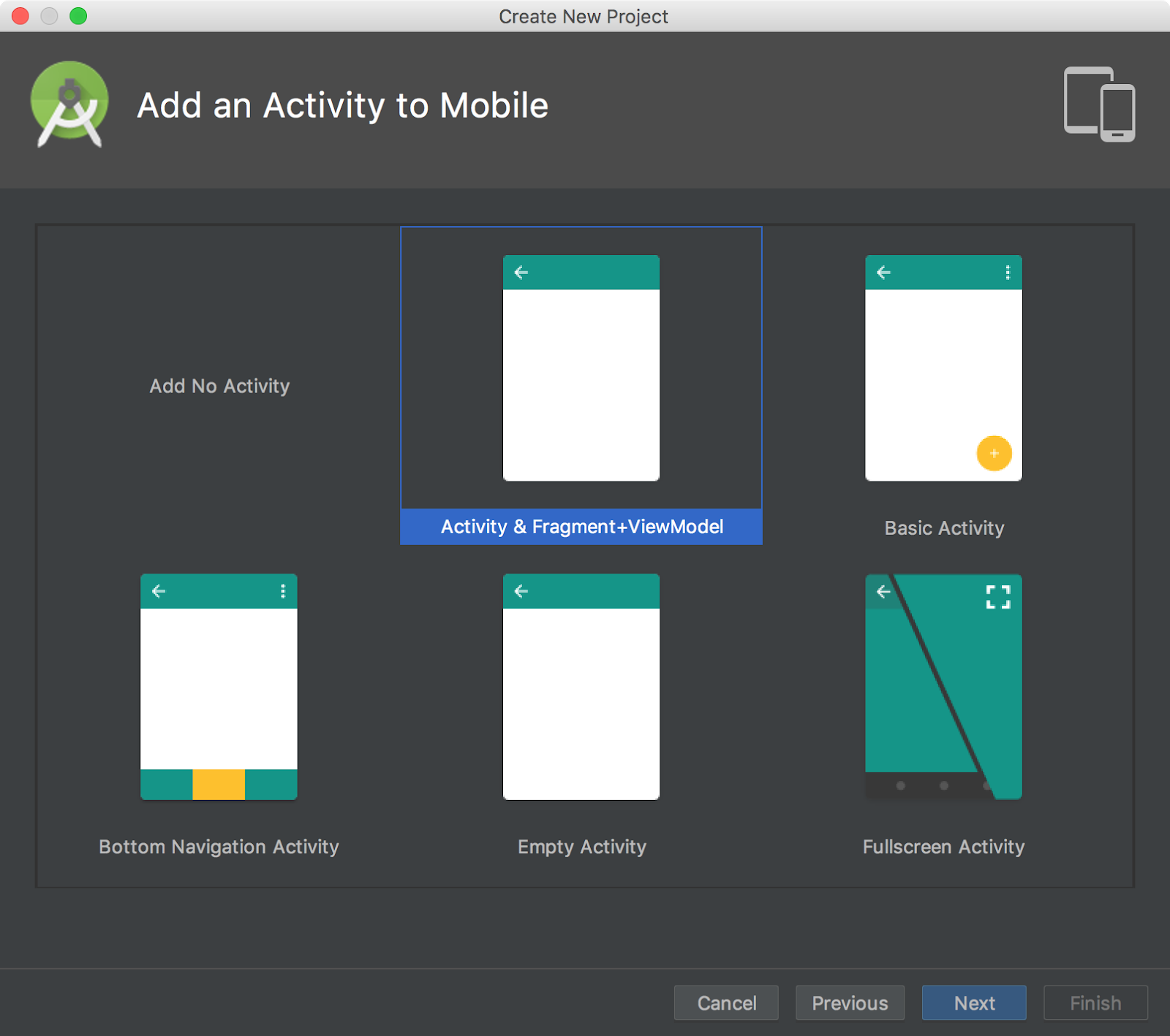 Untuk membangun aplikasi baru gunakan Activity & Fragment ViewData activity yang bisa Anda buka dari File New