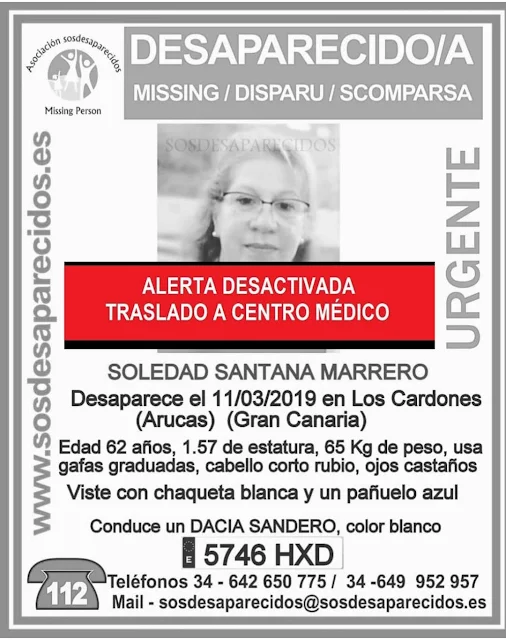 La mujer de Arucas desaparecida el pasado lunes, Soledad Santana Marrero, localizada  y trasladada a Centro Médico