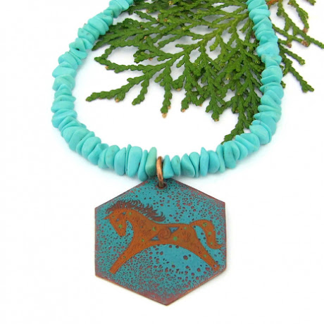 genuine Kingman turquoise necklace with enamel horse necklace