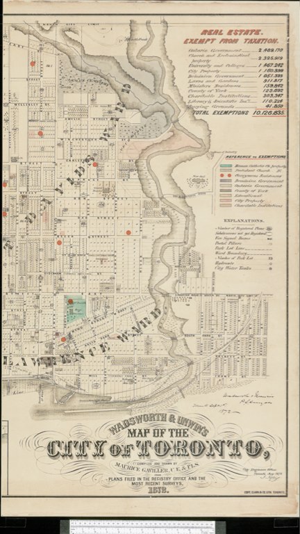 1872 Wadsworth & Unwin Map of the City of Toronto showing Tax Exemptions - E