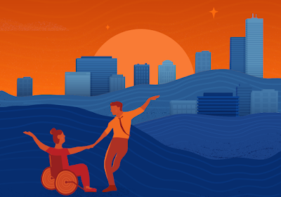 Artwork promotion for Fundable SC woman in wheelchair dancing with man orange and blue image