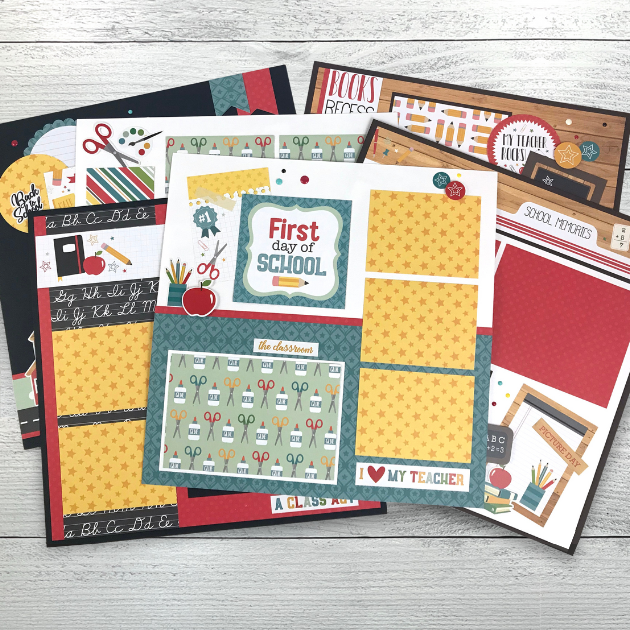 12x12 School Scrapbook page Layouts with supplies, apples, chalkboards, and more