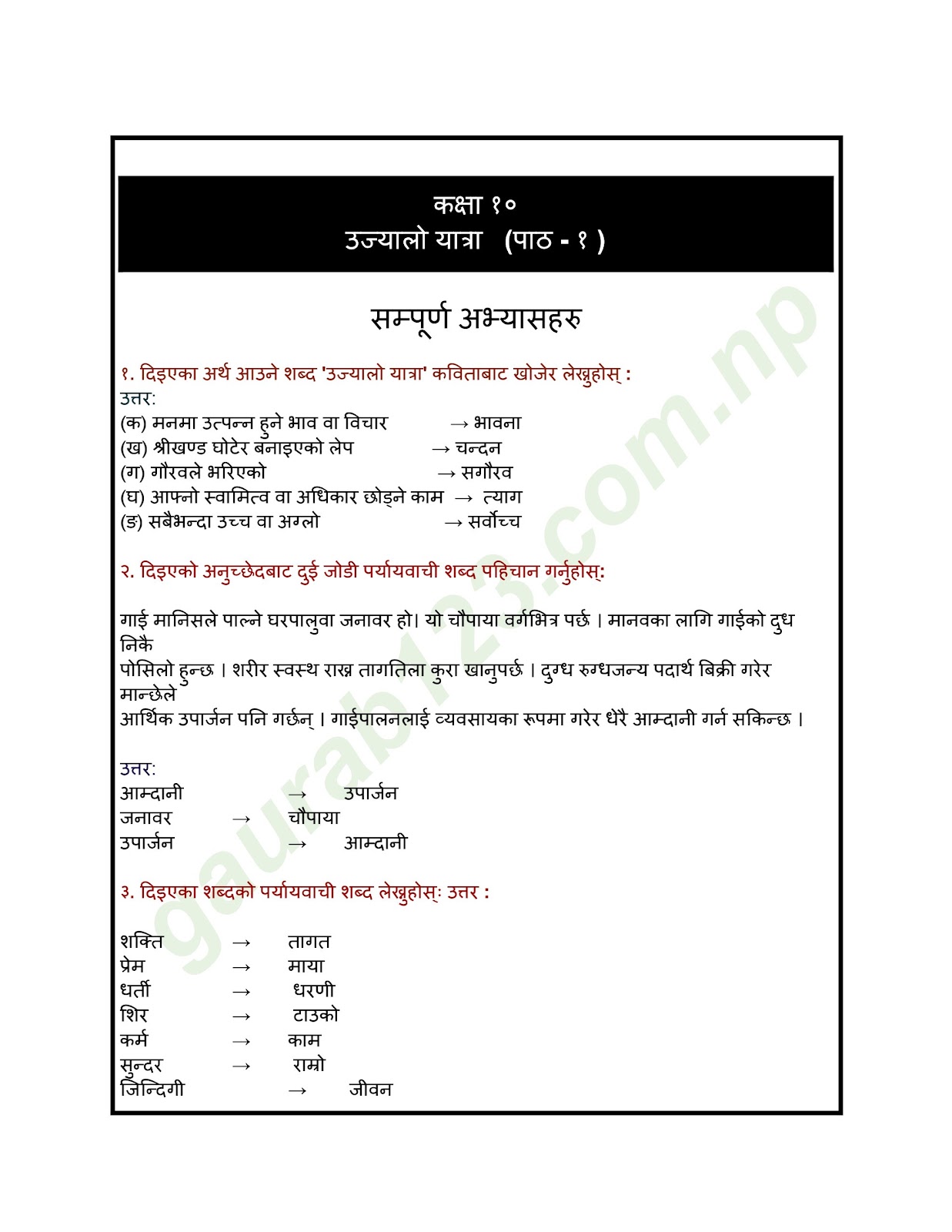 Ujyalo Yatra Exercise: Class 10 Nepali Chapter 1 Questions and Answers