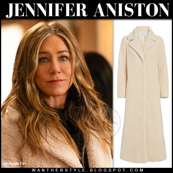 Jennifer Aniston in cream teddy coat