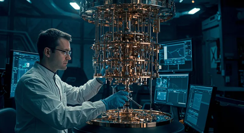 A futuristic visualization of quantum computing systems, symbolizing innovation and advancements in emerging technologies