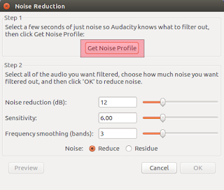 Nuotraukoje matomas Noice Reduction langas, Audacity programoje, kuriame paryškintas Get Noise Profile mygtukas