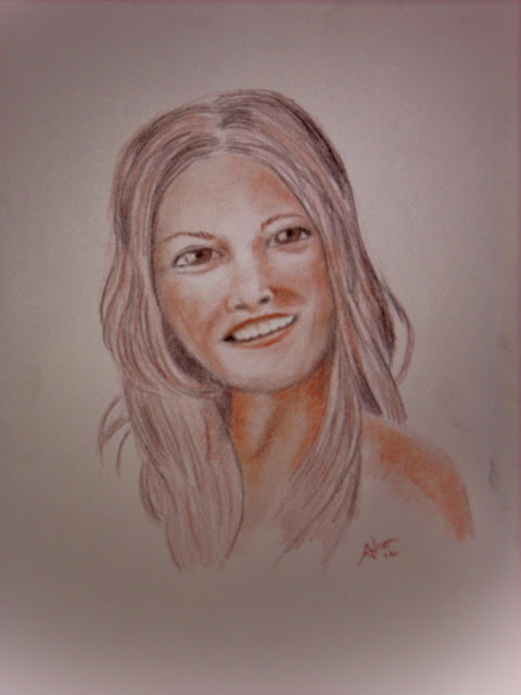 Portrait drawn in sepia wax pencil.