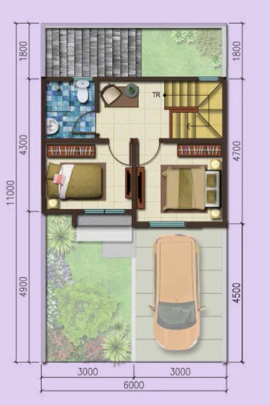 Denah rumah minimalis ukuran 6x11 meter 3 kamar tidur 2 lantai