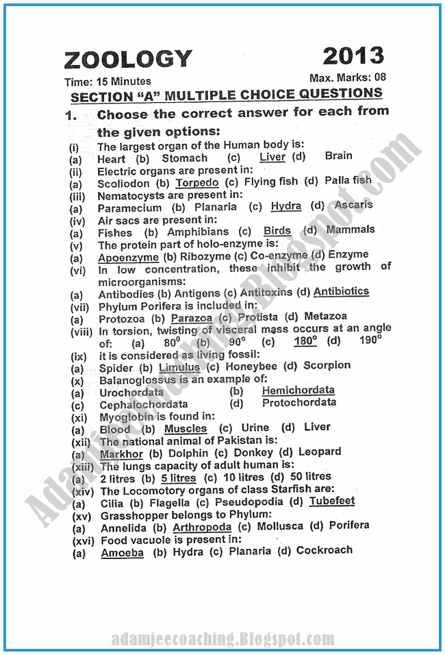 Zoology-2013-past-year-paper-class-XI