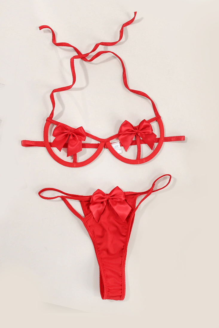 Valentine's Gift Sale: RED CAGE WIRED BOW STRAPPY 2PC THONG SEXY LINGERIE SET @ RMNOnline Fashion Group