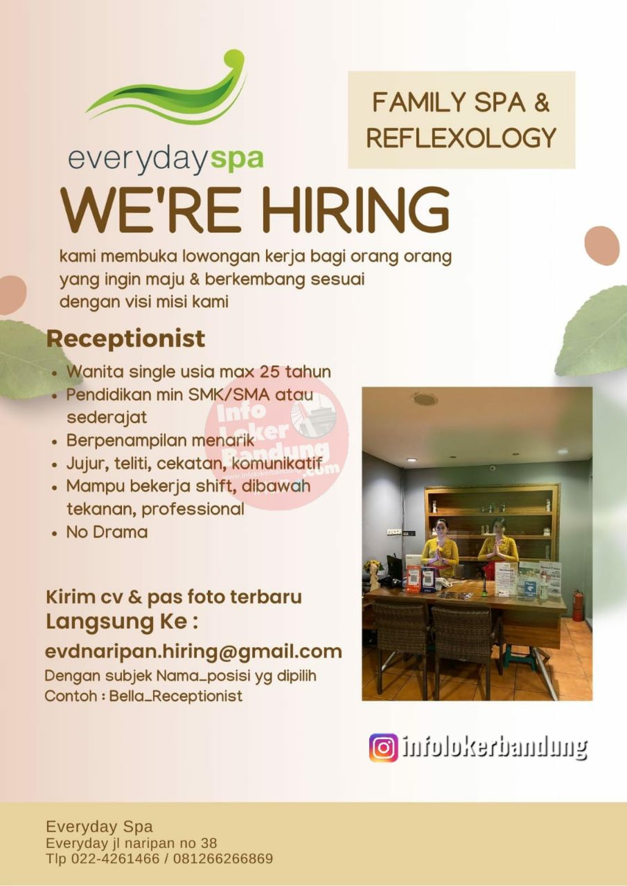 Lowongan Kerja Therapist & Receptionist Everydayspa Bandung Oktober 2022