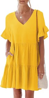 nclook Women's Summer Casual Dress Sweet & Cute V-Neck Mini Dress with Pocket Short Sleevele Ruffle Dress