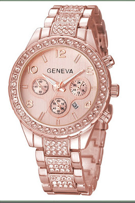 Elegant Geneva women's watch with rose gold case and diamond accents