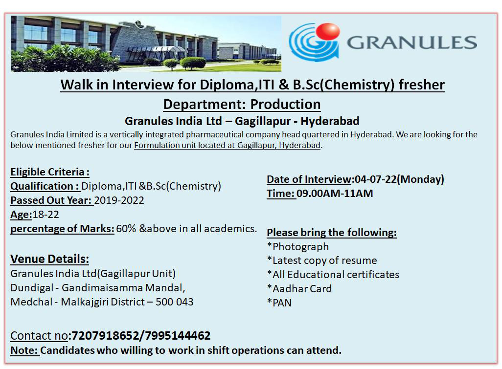 Job Available's for Granules India Ltd Walk-In Interview for Fresher’s & Experienced/ Diploma/ ITI/ BSc Chemistry
