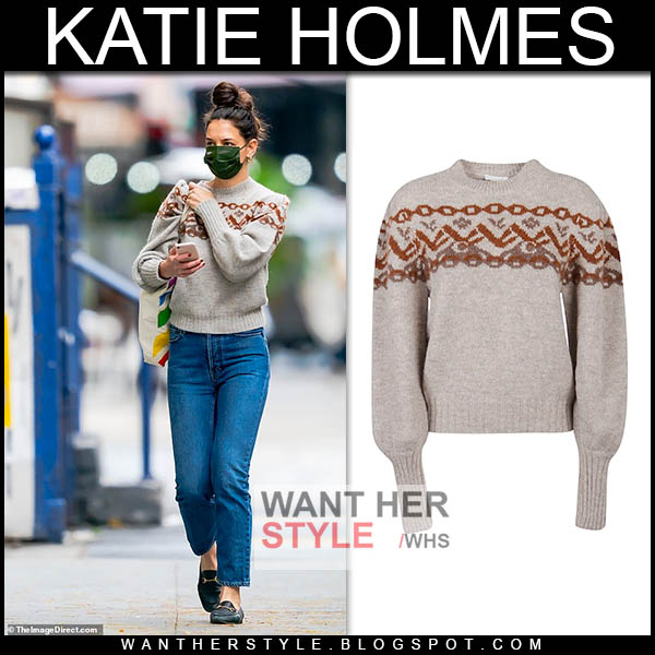 Katie Holmes in grey fair isle sweater, jeans and black loafers