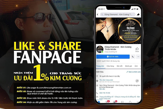 Like Và Share Fanpage Dũng Diamond - Kim Cương Thiên Nhiên Nhận Thêm 1% Ưu Đãi Cho Trang Sức Kim Cương