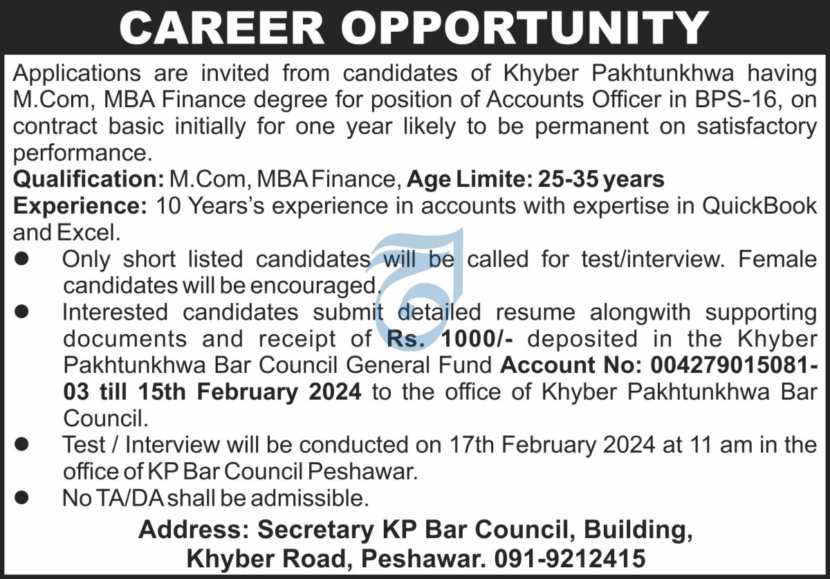 Bar Council Accounting Jobs In Peshawar 2024