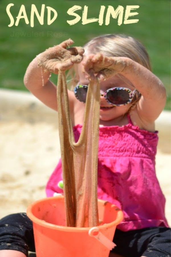 How to make sand slime for kids.  An easy summer play recipe. #sandslime #sandslimerecipe #howtomakesandslime #slimerecipe #slime #slimerecipeeasy #sandboxideas #sandrecipesforkids #sandrecipe