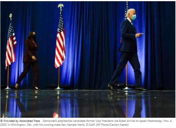 Democratic presidential candidate former Vice President Joe Biden arrives to speak Wednesday, Nov. 4, 2020, in Wilmington, Del., with his running mate Sen. Kamala Harris,