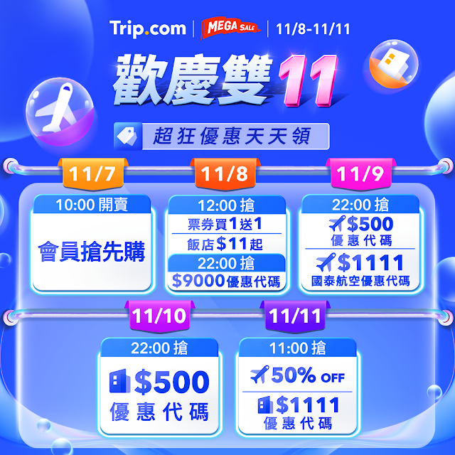  【 Trip.com台灣站 歡慶雙11 】11月8至11日狂搶旅行優惠！