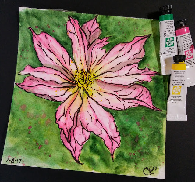 a watercolor painting of pink flower blossom on a green background