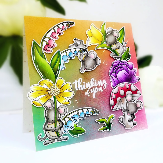 Thinking of You Card by July Guest Designer Ildi Imrefalvi | Garden Mice, Little Lilies and Peony Blooms Stamp Sets by Newton's Nook Designs #newtonsnook #handmade