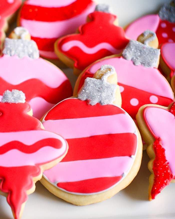 EASY striped Pink + Red Christmas Ornament Cookies