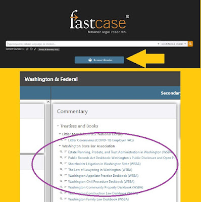 screen snips showing Fastcase home screen (Browse Libraries) and Commentary menu
