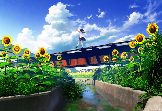 Anime Girl walking over a train rail with nice sun flowers around